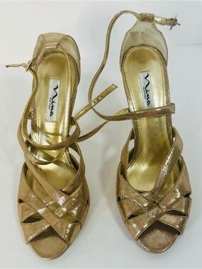Nina Gold Metallic Crisscross Open-Toe Heels